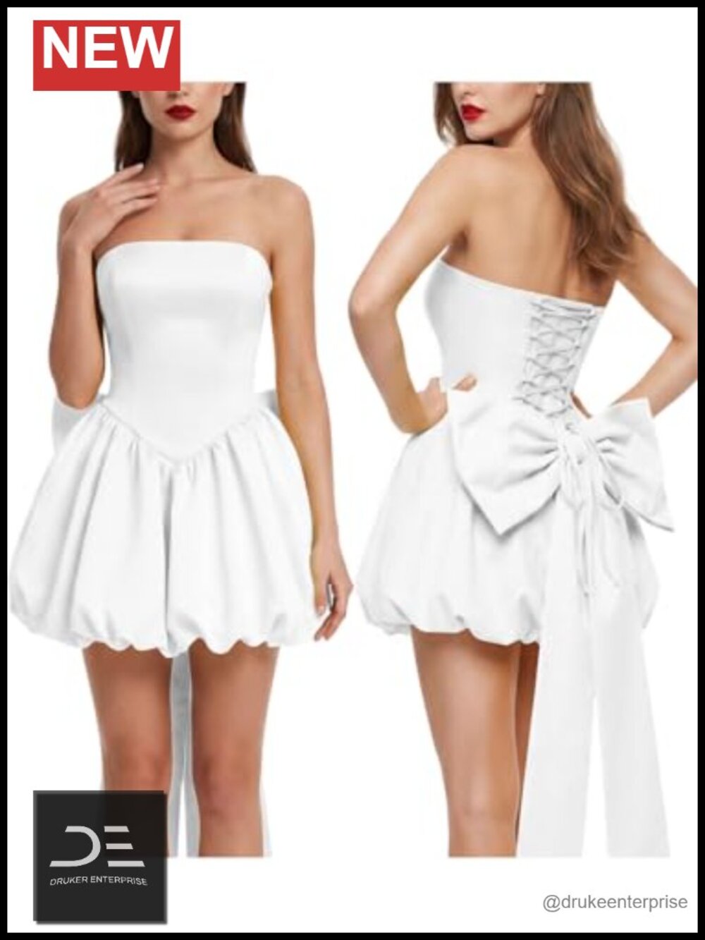 Womens Strapless Bubble Mini Dress Lace Up Back Detachable Bow Cocktail Party